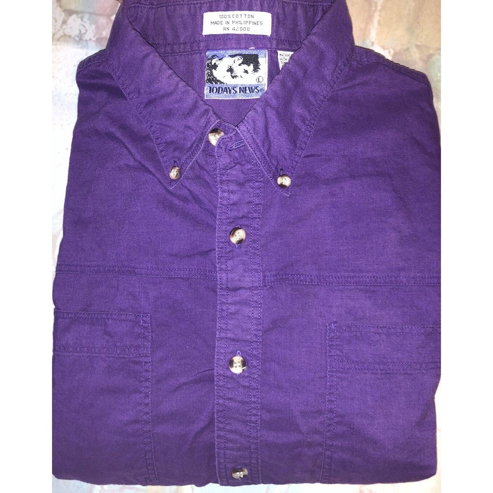 VINTAGE Todays News Mens L Purple Button Down Long Sleeve Polo Shirt